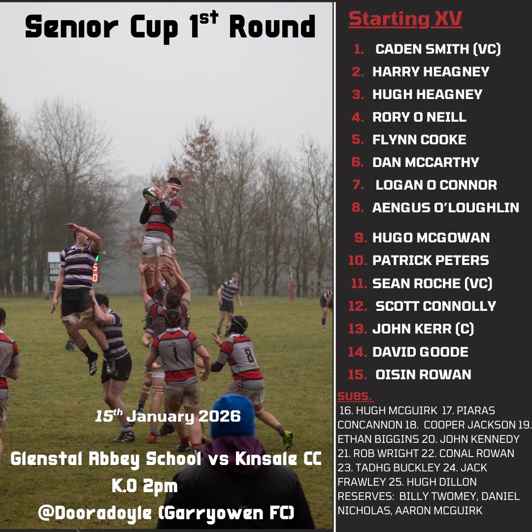 GlenstalSchool's tweet photo. 🏉 Team announcement for tomorrow's Munster Schools' Senior Cup Round 1 match v Kinsale CS. KO 2.00pm at Garryowen RFC. Best of luck boys! 💪🔴⚪ https://t.co/1Y5Q62Rgc1