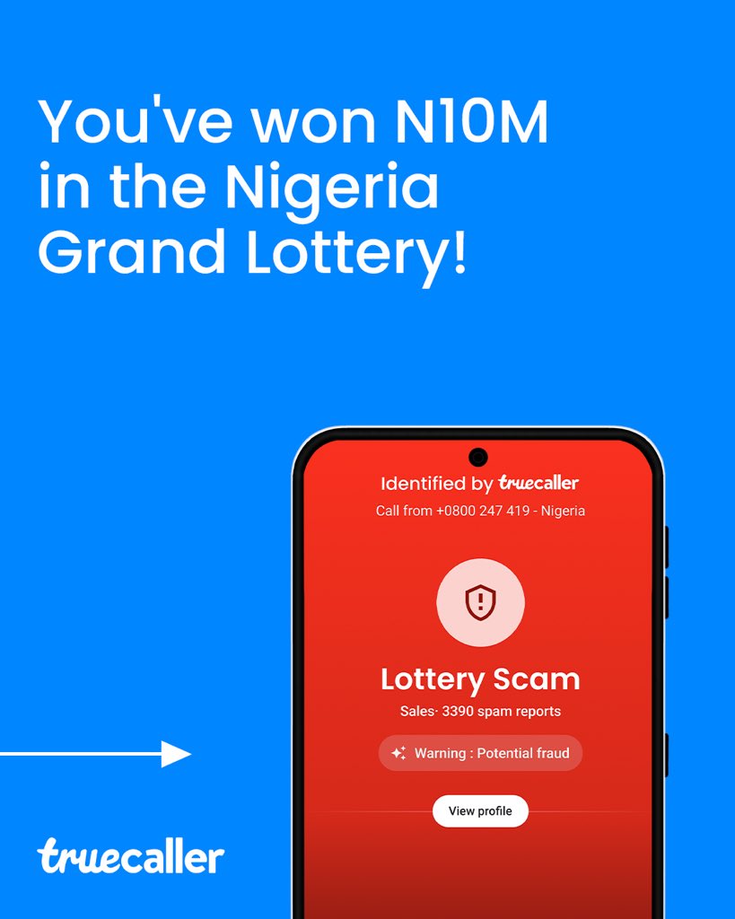 Truecaller_ng's tweet image. Use your head and Truecaller! 
If you no apply for lottery, how you take win?