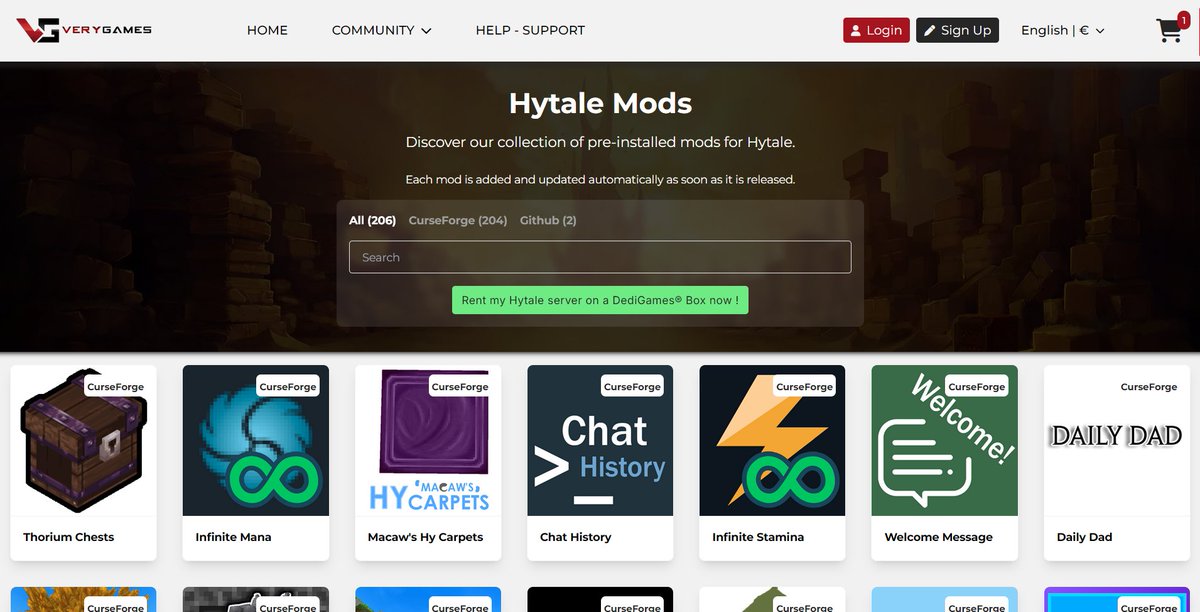 Install Hytale mods automatically on your server using our panel. +206 mods are already available. 
Check here: verygames.com/en/hytale-serv…