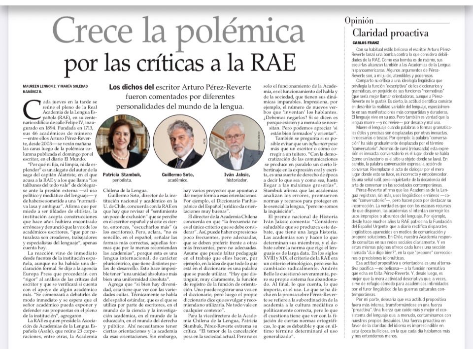 El castellano o español en el epicentro. Es positivo ser criticados en buenos términos. (El Mercurio).