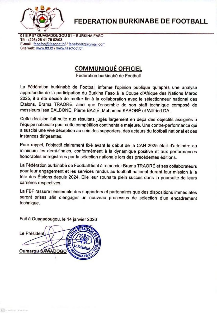 ActuFoot_'s tweet image. 🚨 OFFICIEL ! 𝗟𝗘 𝗕𝗨𝗥𝗞𝗜𝗡𝗔 𝗙𝗔𝗦𝗢 🇧🇫 𝗦𝗘 𝗦𝗘́𝗣𝗔𝗥𝗘 𝗗𝗘 𝗕𝗥𝗔𝗠𝗔 𝗧𝗥𝗔𝗢𝗥𝗘́ 𝗘𝗧 𝗗𝗘 𝗧𝗢𝗨𝗧 𝗦𝗢𝗡 𝗦𝗧𝗔𝗙𝗙 ! 👋

L'objectif de la Fédération n'a pas été atteint : 𝗔𝗧𝗧𝗘𝗜𝗡𝗗𝗥𝗘 𝗟𝗘𝗦 𝗗𝗘𝗠𝗜𝗘𝗦-𝗙𝗜𝗡𝗔𝗟𝗘𝗦 𝗗𝗘 𝗟𝗔 #CAN2025. ❌

🗞️ communiqué