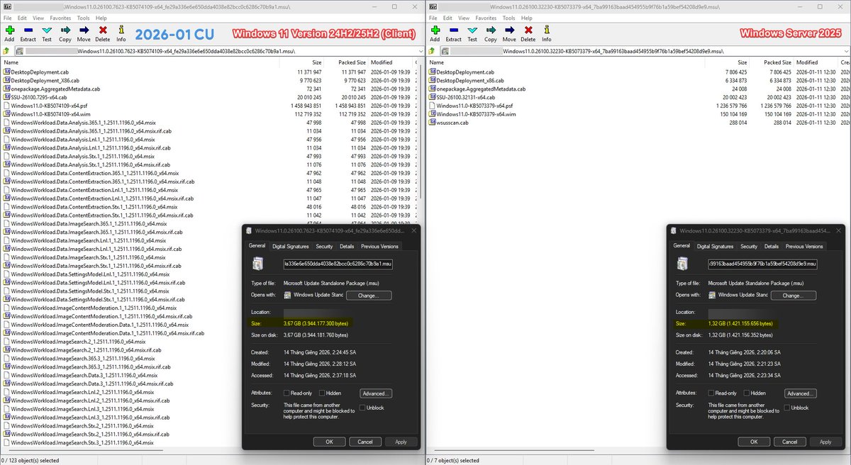 Windows cumulative updates are now separate for Windows 11 and Windows Server 2025.
Different KB update number, smaller file size and lack of A.I. components in the Windows Server 2025 update package.
Update packages made for Windows 11 won't install on Server 2025 and vice versa