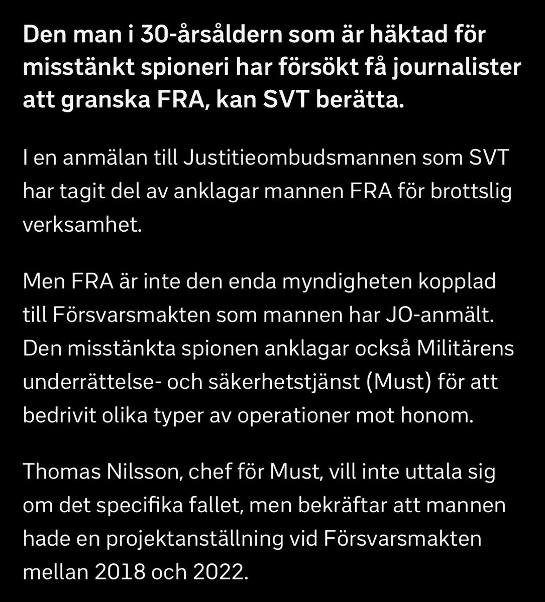 jpe25216052's tweet image. Den påstådde spionen verkar snarare vara en visselblåsare.

👉 svt.se/nyheter/inrike…