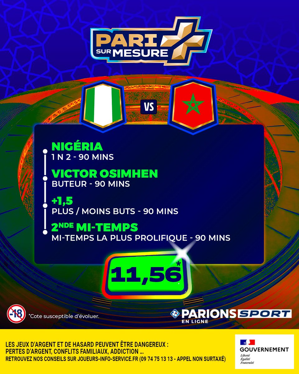 ParionsSport_EL's tweet image. Votre #PariSurMesure pour Nigéria 🇳🇬 / Maroc 🇲🇦 ! 🚀

🔥 Ça fait 3/4 ? 👉 5x20€ de freebets
💥 Ça fait 4/4 ? 👉 10x20€ de freebets

Pour jouer :
🤝 RT + Follow

🗓️ TAS le 15/01
📃 Règlement : bit.ly/45Ljuky