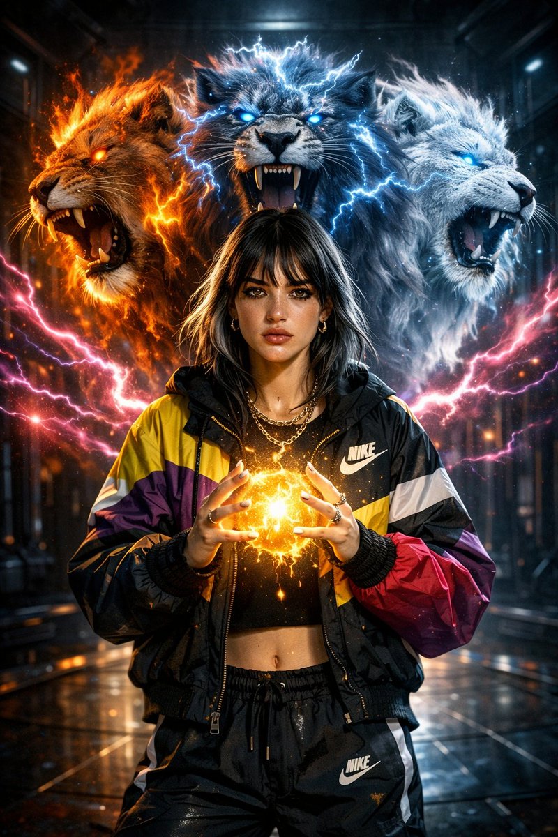 Main character energy unlocked ⚡

Image  chatgpt, 
Prompt👇

A cinematic, hyper-realistic portrait of a young woman standing in a dark futuristic room, using the reference image only for facial structure, silver-black mixed hair, wearing multicolored Nike streetwear jacket and