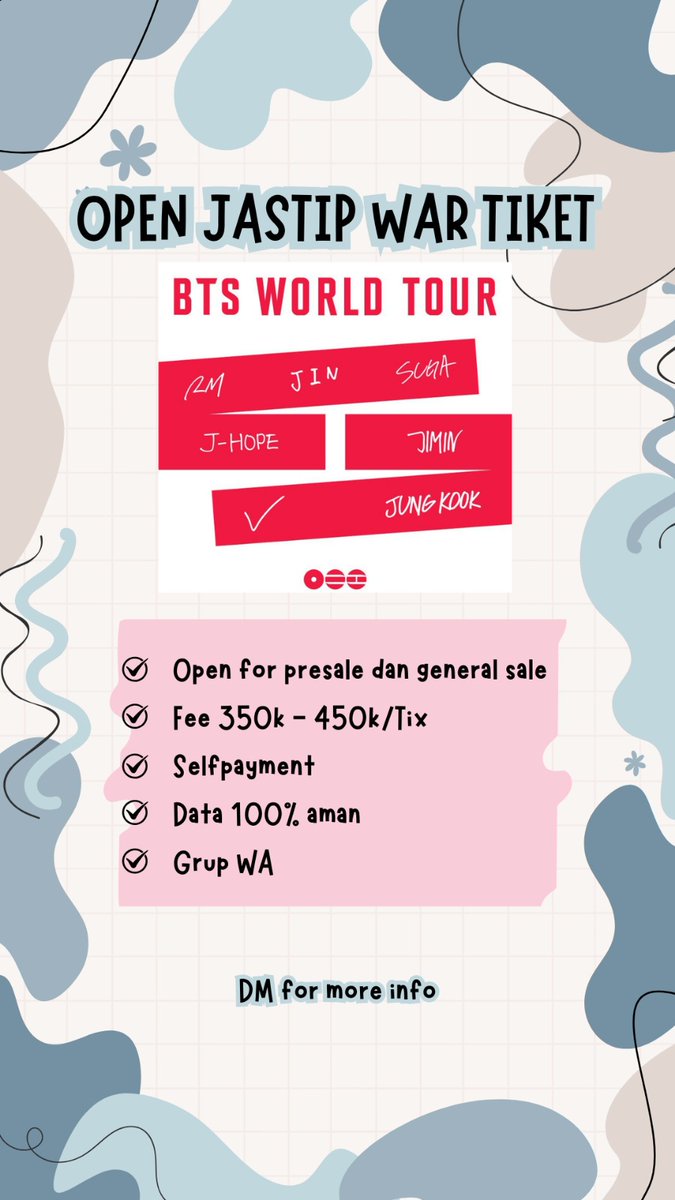 ✨OPEN JASTIP WAR TICKET BTS WORLD TOUR IN JAKARTA✨

‼️LIMITED SLOT

💸Fee 350k-450k/tiket

✅ Data aman 100%
✅ Bisa self payment
✅ Grup jastip WA
✅Jasa tukar tiket

#BTS #BTS_WORLDTOUR 
#BTS_WORLDTOUR_JKT 
 #방탄소년단

Testimoni
x.com/girlmateson/st…