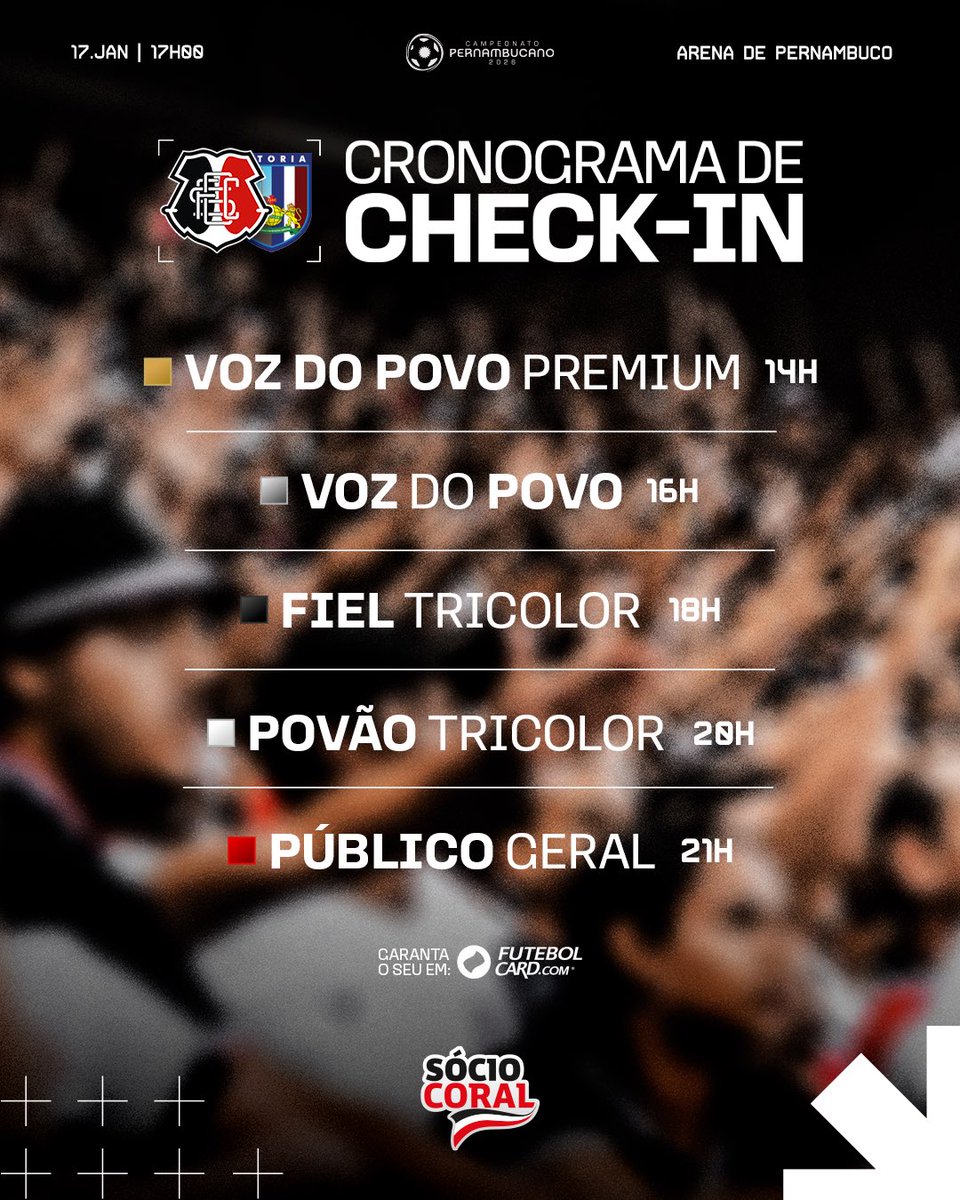 SantaCruzFC's tweet image. ⚠️ Atenção, Nação Coral!

Fiquem ligados nos horários de abertura do check-in, respeitando a prioridade de cada categoria de sócio, e também na abertura das vendas de ingressos para o público geral.

📍 Santa Cruz x Vitória das Tabocas
🏟 Arena de Pernambuco
📅 Sábado
⏰ 17h
🏆…