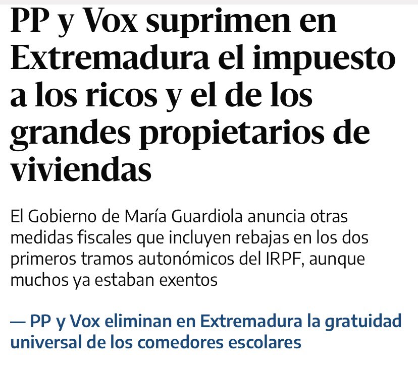 JesusSoriaD's tweet image. Cuando los pobres votan a favor de los ricos…
Extremadura quita la gratuidad de los comedores escolares y elimina el impuesto a los ricos y grandes propietarios de viviendas…
Más dinero para los que menos lo necesitan, menos para ayudas, servicios públicos…