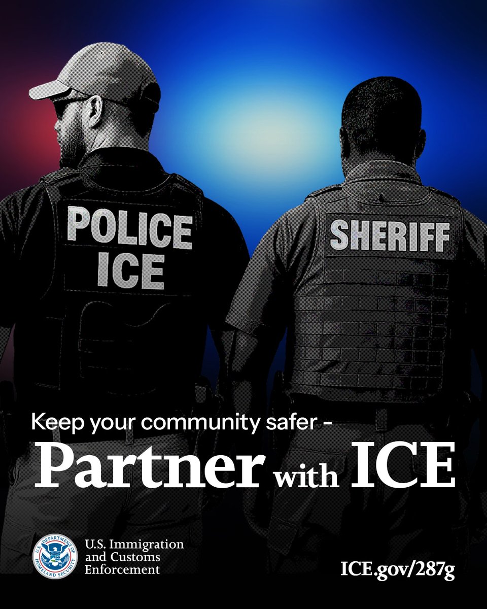 When your agency partners with ICE, you keep your community safer and get resources like:
• Free ICE 287(g) training
• Access to federal resources 

➡️Visit our#287g web page to learn more.