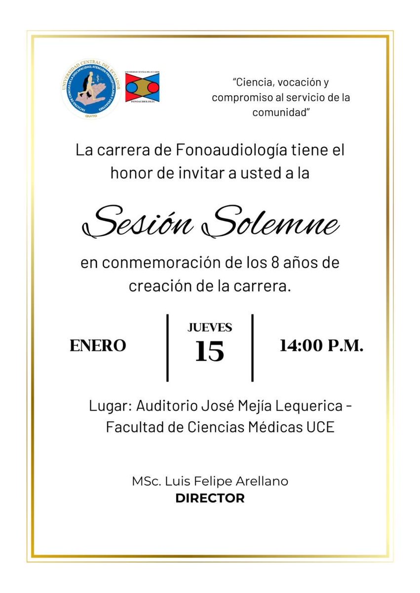 La Carrera de Fonoaudiología <a href="/discapacidaduce/">Ciencias de la Discapacidad</a> celebra ocho años de compromiso académico, científico y humano en la formación de profesionales al servicio de la comunicación humana.

#FonoaudiologíaUCE #SesiónSolemne #8Años #ComunicaciónHumana #OrgulloUCE