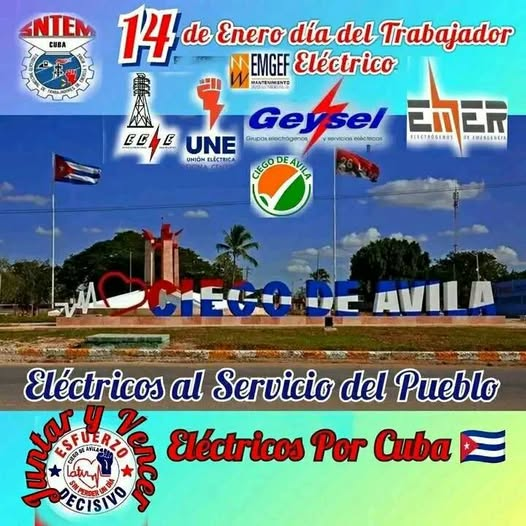CAvilaRadio10's tweet photo. 🔊Llegue nuestra felicitación a los trabajadores del sector eléctrico de toda Cuba, en especial a los nuestros, los de #CiegodeAvila, quienes este 14 de enero celebran su día con la satisfacción de contribuir al desarrollo económico y social de la provincia. #CubaEsCoraje https://t.co/Uu6v5Z8HMe