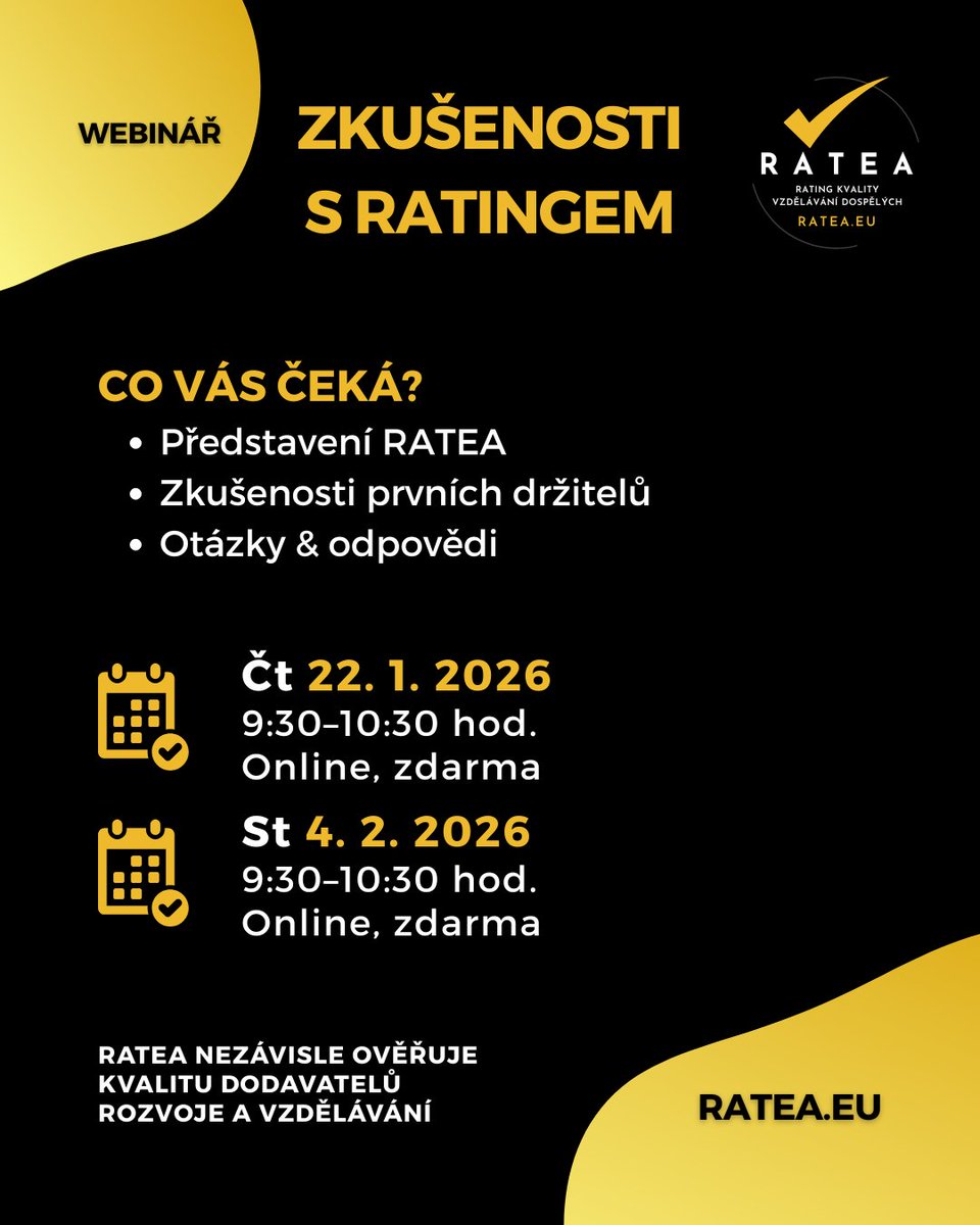 Připravili jsme bezplatné webináře, kde se dozvíte detaily o Ratingu vzdělávání dospělých RATEA, ale také zkušenosti dodavatelů, kteří ratingem úspěšně prošli vloni.

Detaily a registrace: firemnivzdelavani.eu/akce

#edu #hr #lnd #firemnivzdelavani #kvalitavzdelavani #ratea