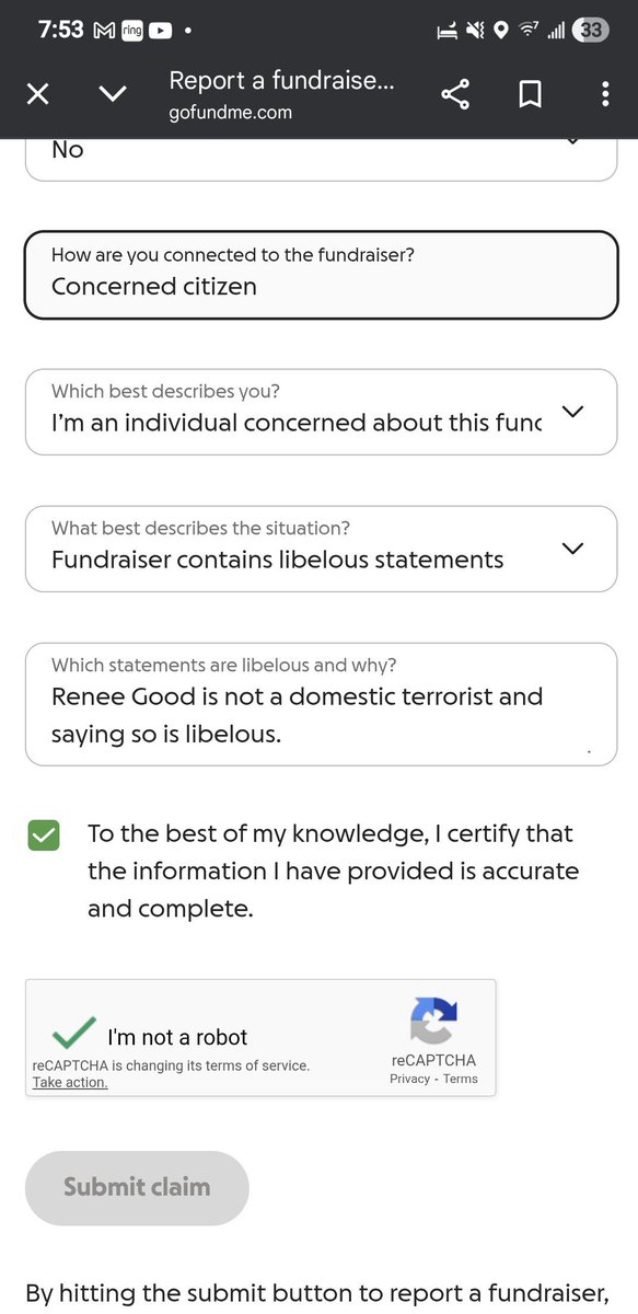 MaskdMillennial's tweet photo. @gofundme why can't I report this libelous fundraiser? The button greys out and nothing happens. The only "domestic terrorists" in Minneapolis are ICE agents. Take this shit down. Murderers don't deserve funding. 
#FuckIce #FDT https://t.co/XsY7uozPEQ