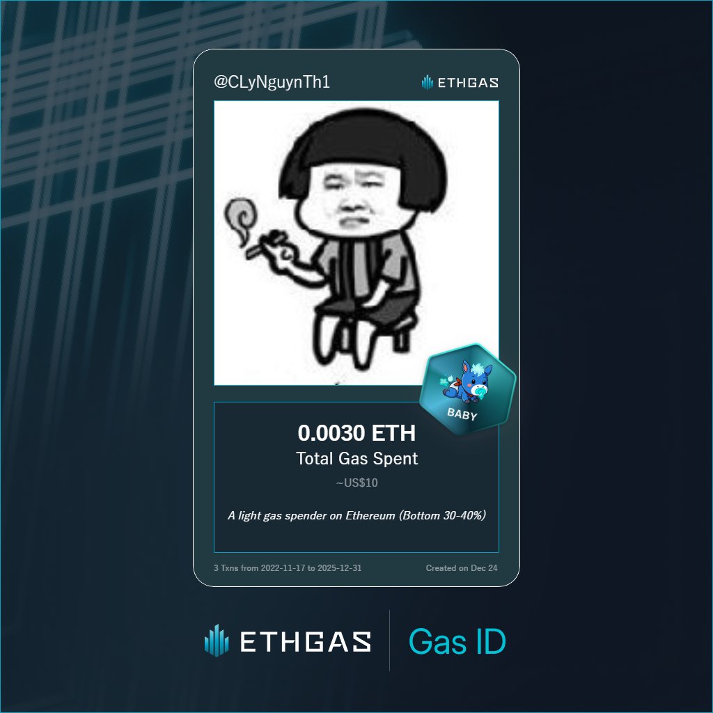 CLyNguynTh1's tweet photo. I'm a Baby Jack with 0.003 ETH spent on gas since Beacon Chain
Reveal yours at https://t.co/2z3ScBJNyp https://t.co/suHk6NumSg