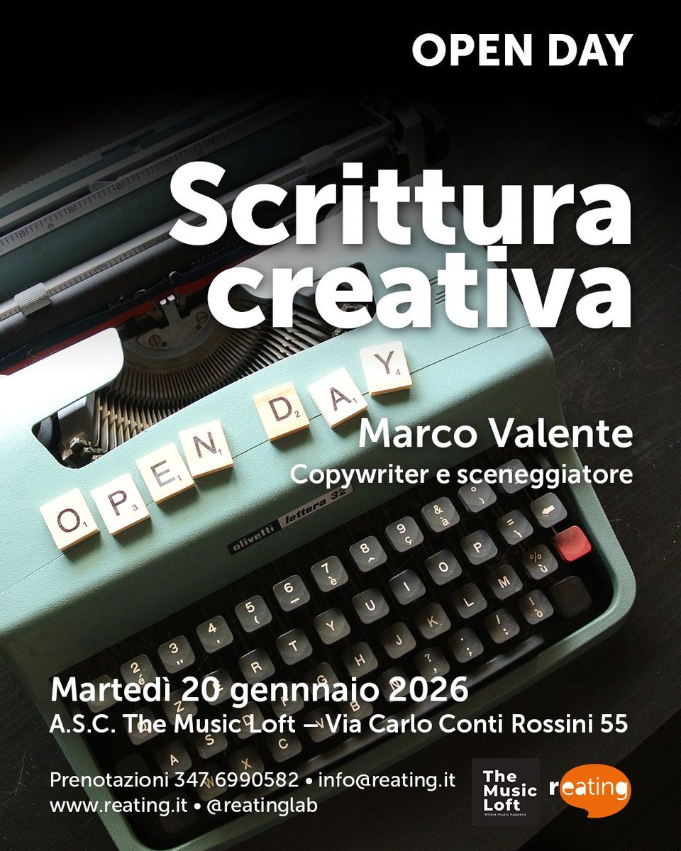 reatinglab's tweet image. Martedì 20 gennaio, dalle 18:00 alle 20:00, presso The Music Loft, torna l’Open Day del Laboratorio di Scrittura Creativa di Reating.
Portate domande, curiosità e dubbi: è un’occasione informale per conoscersi e capire se questo percorso fa per voi.
reating.it/evento/scrittu…