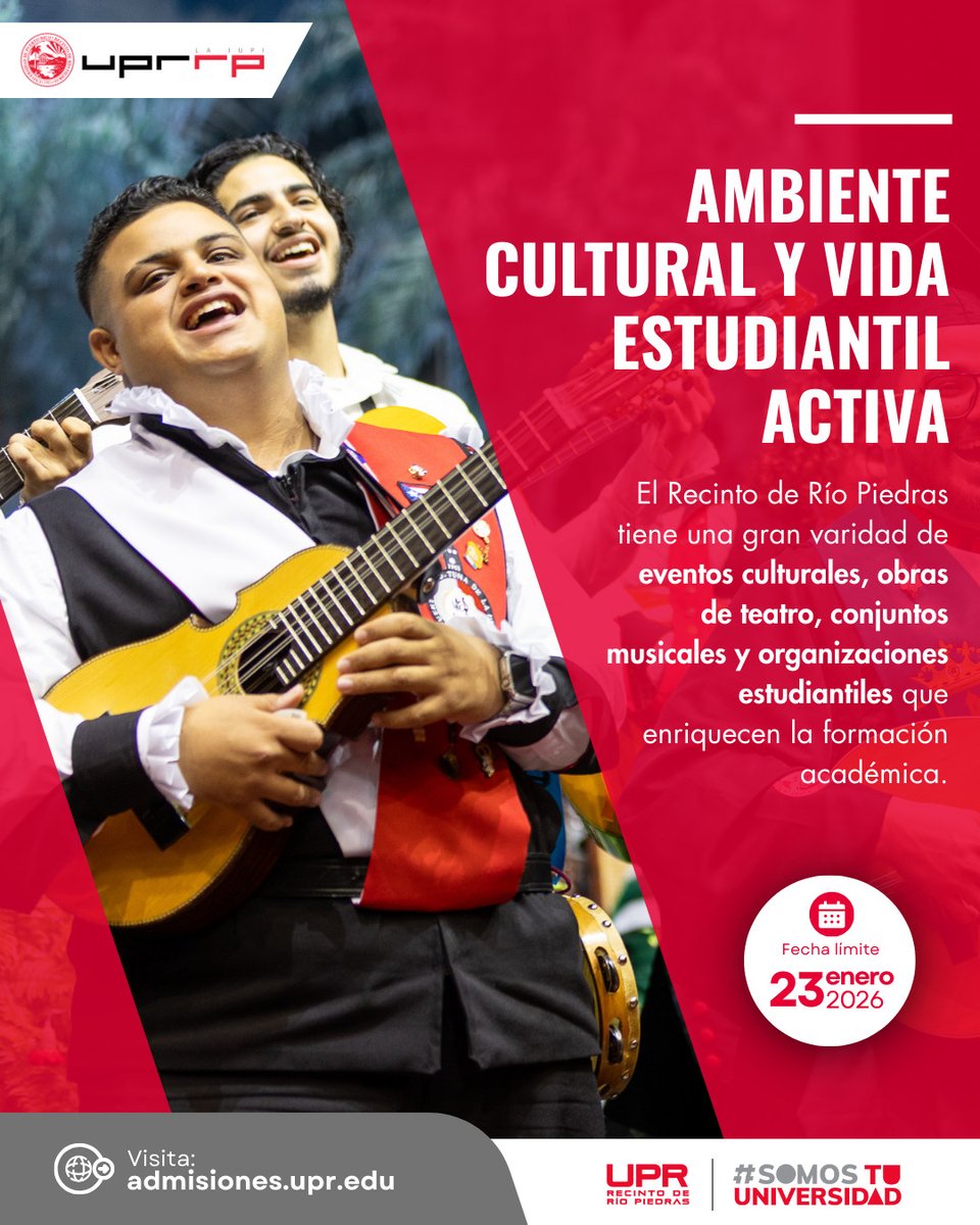 🎓Senior 2026, ¿lo sabías?🎓
🎉Actividades culturales, conciertos, talleres, exposiciones y conferencias todo el año

💻admisiones.upr.edu
⌛23.enero.26
🐓¡Únete a nuestra comunidad de Gallitos y Jerezanas!

#SomosTuUniversidad #Admisiones2026 #801x100PRE
<a href="/UPR_Oficial/">Universidad de Puerto Rico - UPR</a>
