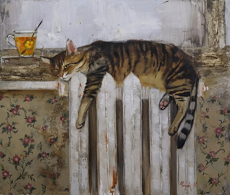 A Cat on the Battery (Radiator), 2017 - Maria Chepeleva, oil canvas