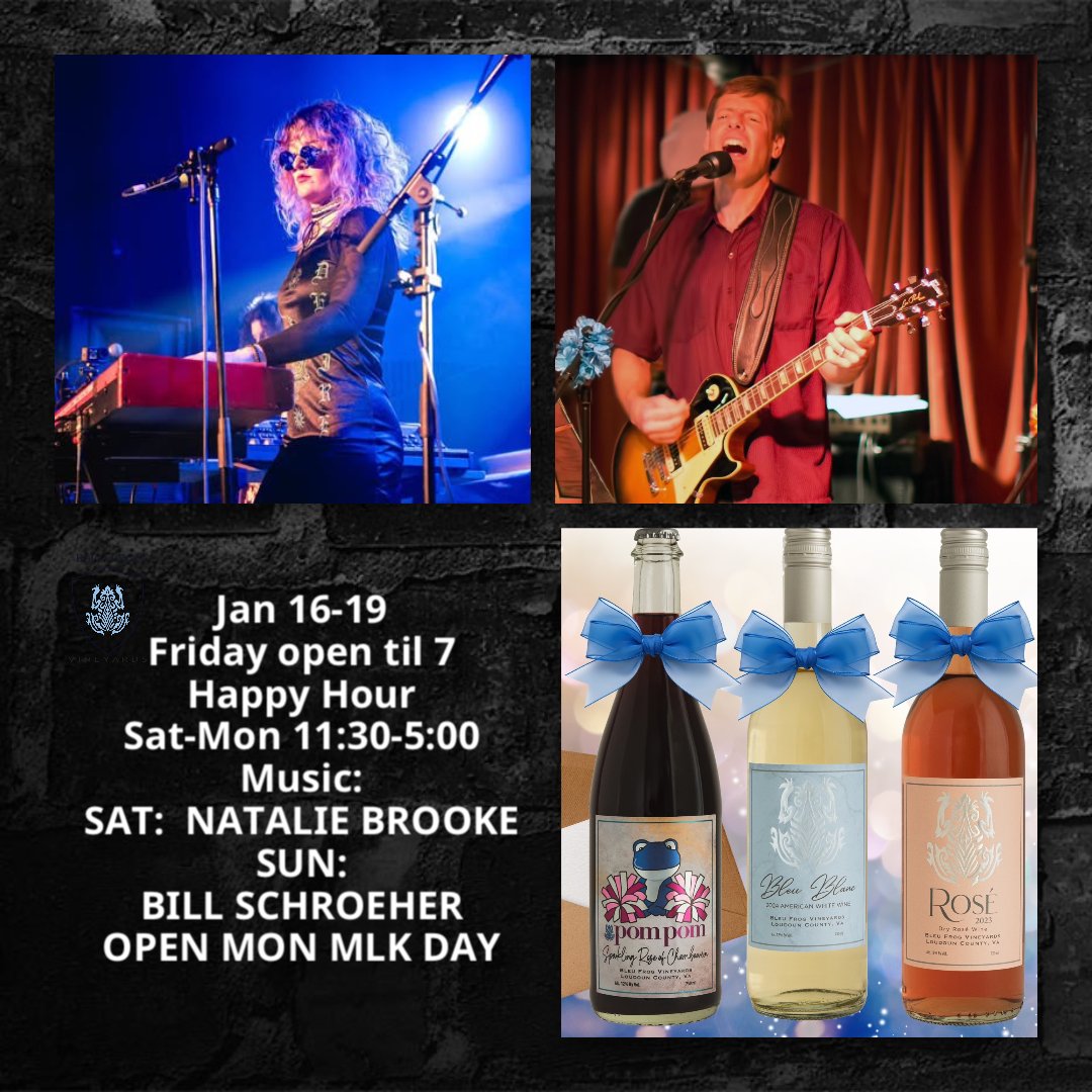 JAN 16-19  LONG weekend! HEATED Barn HAPPY HOUR FRIDAY- 4-7 - Fire pits -Sports 🏈 on TV - no reserv. - Fam &amp; Pet Friendly- Gift Cards -Lovely wines, Beer, mulled wine, A La Carte food, Play Sand Pit- #dcswinecountry #leesburgva  #winery #bleufrog #NATALIEBROOKE   #BILLSCHROEHER