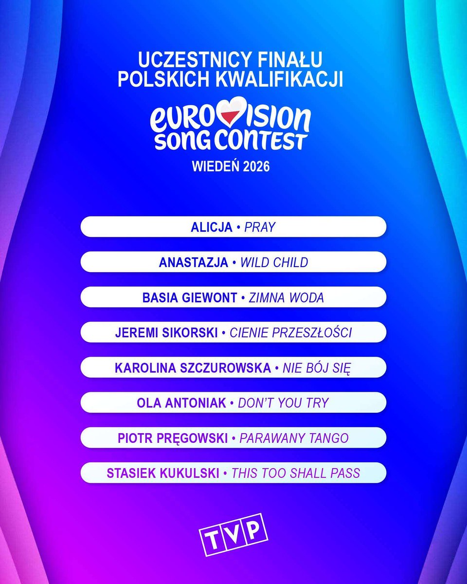 Robek95's tweet image. #Eurowizja2026 #Eurowizja #Eurovision2026 

Mamy listę 8 artystów którzy powalczą o bilet do Wiednia na Eurowizję. Teraz pytanie czy i kto ewentualnie jako Dzika Karta?