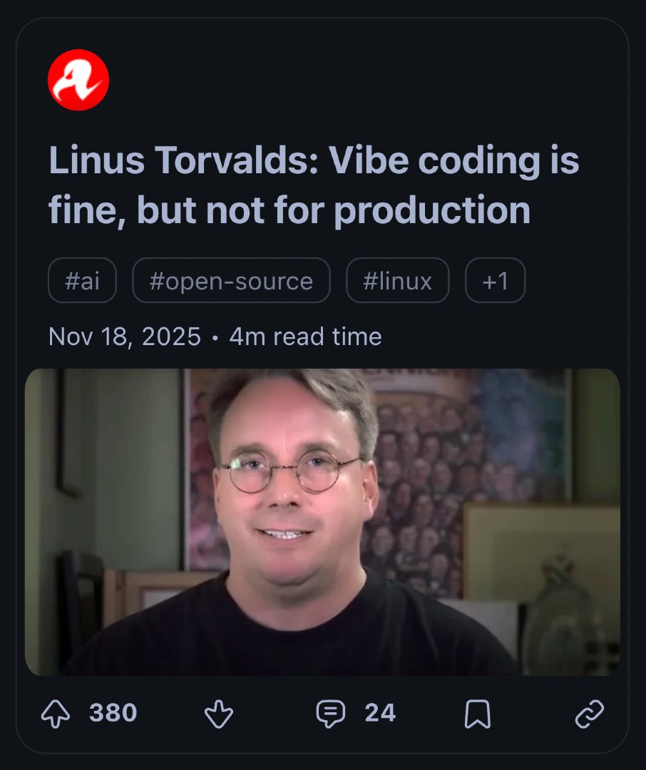 ¿Quién es team Linus?

Cosas que ha dicho sobre el Vive Coding:
- Bueno como herramienta para aprendizaje
- Útil para reducir barrera de entrada
- No apto para pro de cara a mantenimiento
- No viable para su uso en el kernel de Linux
- La IA como herramienta, no como reemplazo