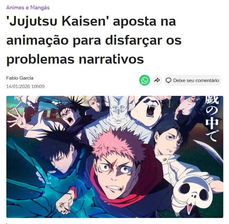 fabiogaj's tweet photo. E na edição dessa semana da minha newsletter de animes lá no UOL, aproveitei para reclamar um ponto que me incomoda em Jujutsu Kaisen: o roteiro confuso é disfarçado por uma animação belíssima.

Leia aqui  👉 https://t.co/DdZYitdRm1 https://t.co/Fc6Vr3E6XS