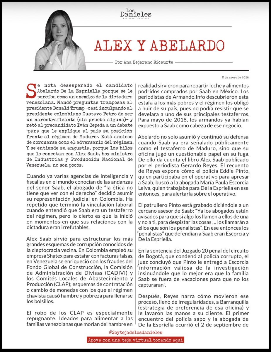 JANDR3S__'s tweet photo. La columna #AlexYAbelardo por la cual De la Espriella amenaza con censura

🔸"Abelardo de la Espriella no solo asumió y continuó su defensa cuando Saab ya era señalado públicamente como testaferro de Maduro, sino q su oficina jugó un cuestionable papel en su fuga"

@AnaBejaranoRG https://t.co/ZkGnYQSrQr