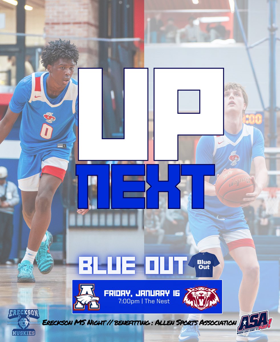 AllenEagleBball's tweet photo. 𝙰𝚃𝚃𝙽: @allenstudentsec 
🏀🏠 Friday night 🔵 BLUE OUT 🔵 

𝚆𝙷𝙾: Allen vs. Plano
𝙼𝙸𝚂𝚂𝙸𝙾𝙽: turn 🆙, wear blue 
𝙳𝙰𝚃𝙴: 1.16.26
𝙻𝙾𝙲𝙰𝚃𝙸𝙾𝙽: The Eagle’s Nest 🪹 

Let’s get it rocking‼️🗣️🔥 

🅰️🆙 | #TOE https://t.co/RsKiudGi7A