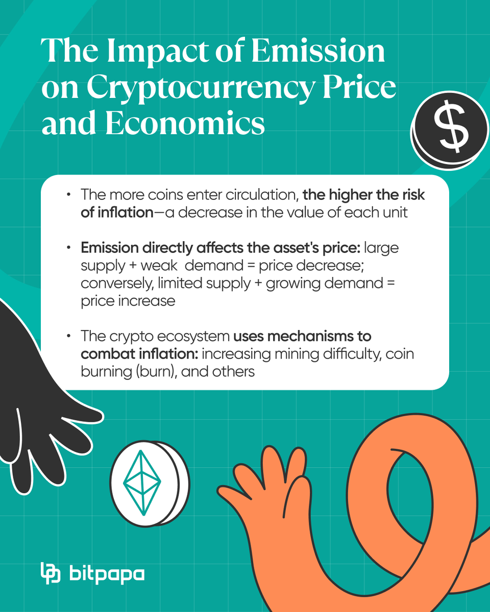 Bitpapa_com's tweet image. 🪙The release of new digital coins onto the market is called issuance (or emission). And each time, this process affects the cryptocurrency: it can lead to inflation, which negatively impacts the asset's value.