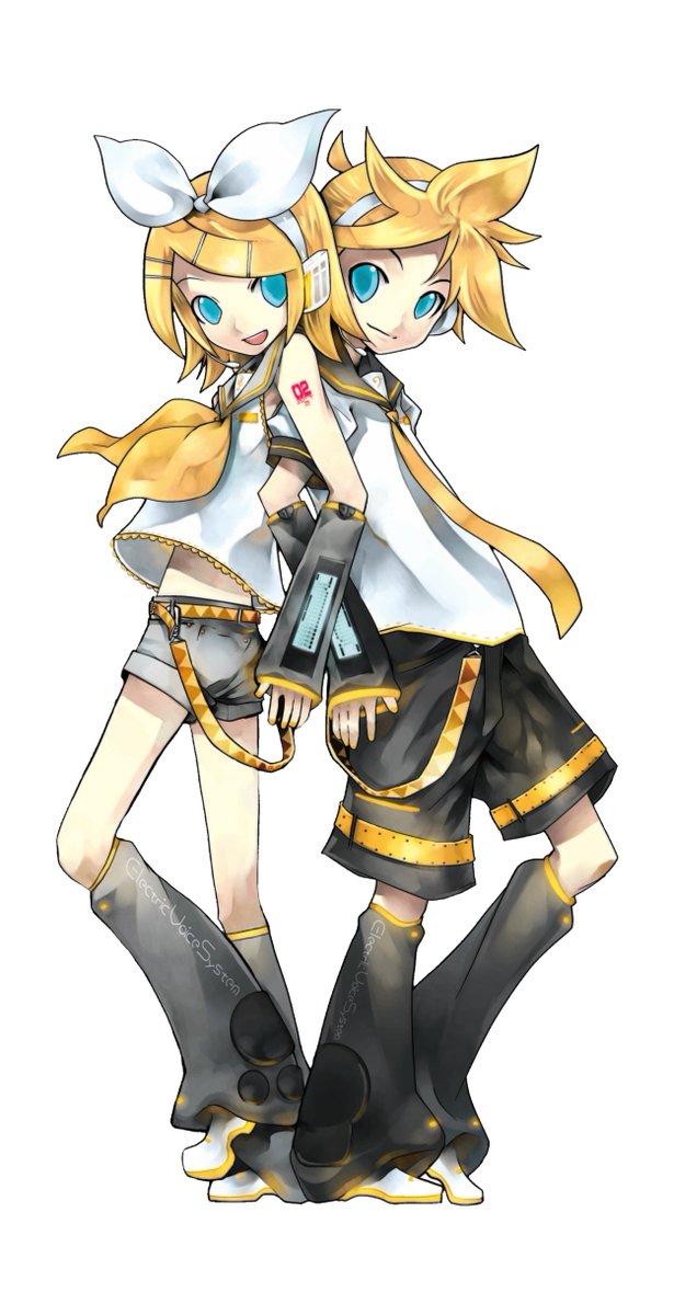 iLiekVocaloid's tweet image. 【VOCALOID2】The vocal synths of the hour are Kagamine Rin and Len.
The second vocals released for Crypton’s Character Vocal Series. The two are mirror images, though popular interpretations see them as twins.
Their shared fanon ‘character item’ is a road roller.