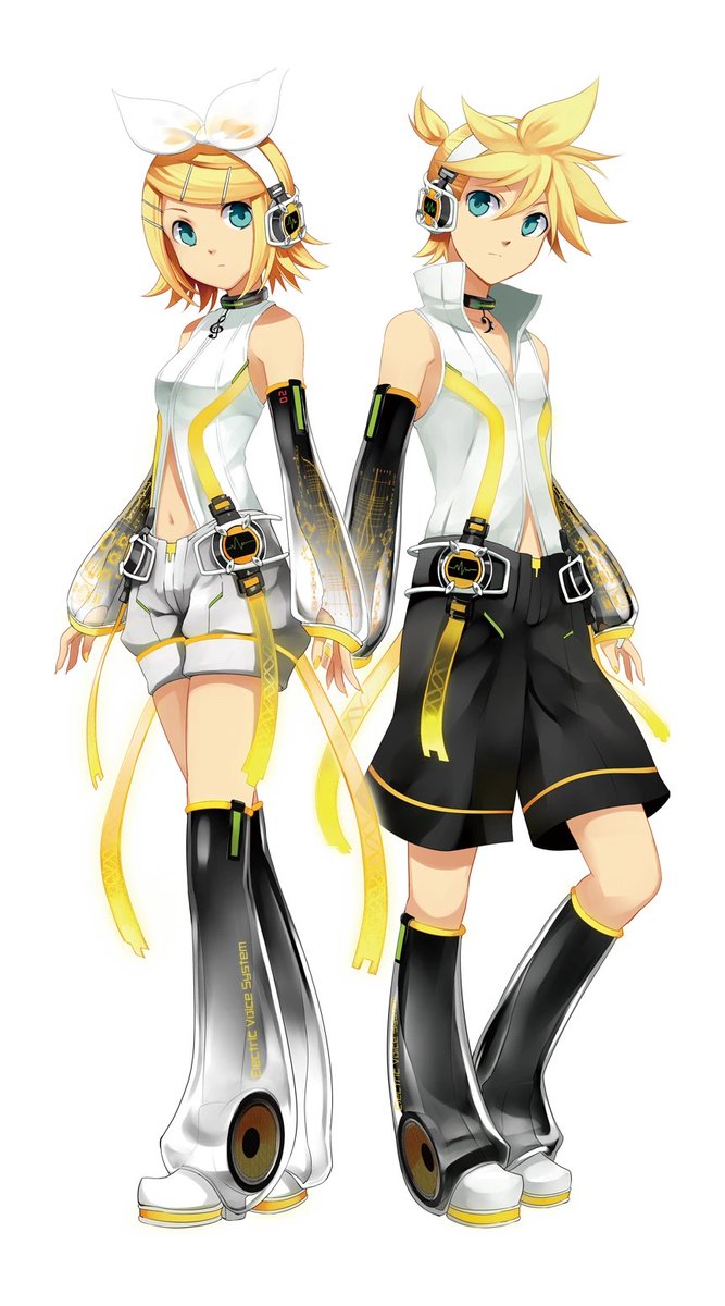 iLiekVocaloid's tweet image. 【VOCALOID2】The vocal synths of the hour are Kagamine Rin and Len.
The second vocals released for Crypton’s Character Vocal Series. The two are mirror images, though popular interpretations see them as twins.
Their shared fanon ‘character item’ is a road roller.