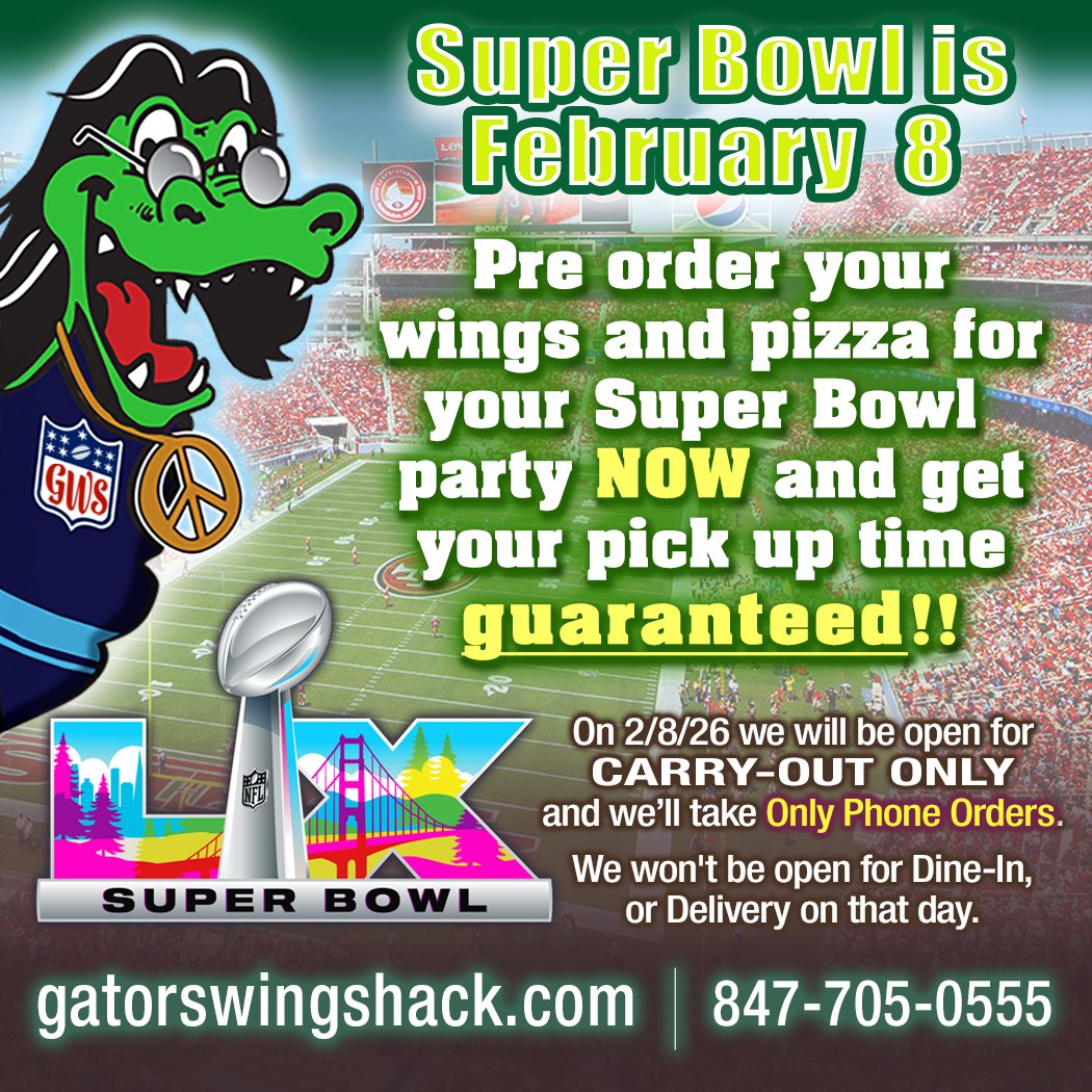 GATORSWINGSHACK's tweet image. GET READY FOR SUPER BOWL!
On February 8, @GatorsWingShack will be open for TAKEOUT ONLY. CLOSED for Dine-In and there will be NO Deliveries.
PreOrder NOW Gators' Wings and Pizza to Enjoy the game at home and get your pick up time GUARANTEED!
CALL: 847-705-0555