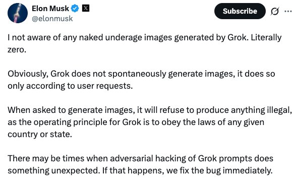 narindertweets's tweet image. Elon Musk now saying he was "unaware" of underage images..
1. Lies
2. He was, at the very least, aware of non consensual sexualised images and videos of women. 

3. Responsibility is still yours @elonmusk  - why or what  safeguards failed, and why were those failures allowed to…