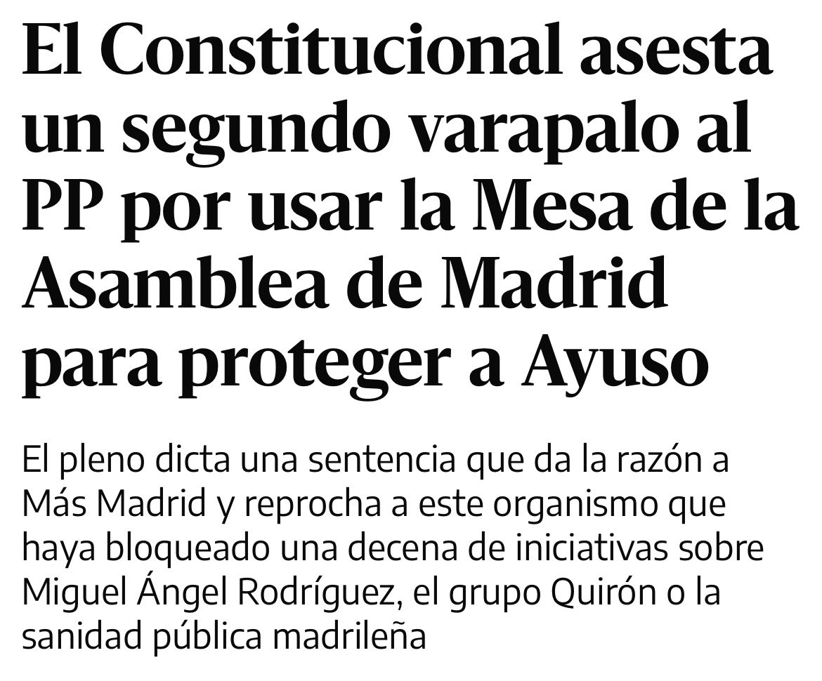 El Tribunal Constitucional nos da la razón contra la censura de Ayuso a la comisión de investigación sobre la contratación durante el covid y a la comparecencia de Miguel Ángel Rodríguez.

Lo que hace Ayuso es inconstitucional. Tendrán que dar la cara.

eldiario.es/madrid/constit…