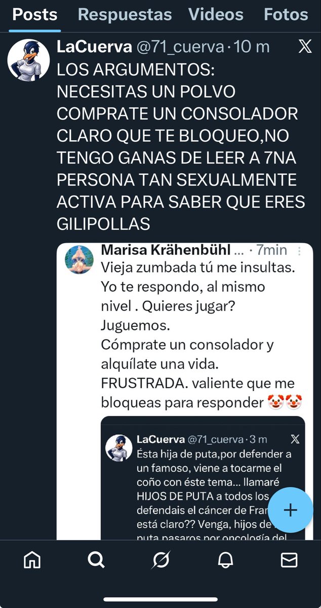 😂😂
 Claro que sí , 👍🏻 
Lo soy, muy activa 😊
Mejor ser gilipollas a estar de justiciera tarada por la vida . Quiero pruebas, quiero el título. Dijo el nombre el cobarde . Que hable su ex mujer y bla bla 
FRUSTRADA LOCA búscate una vida 
😘