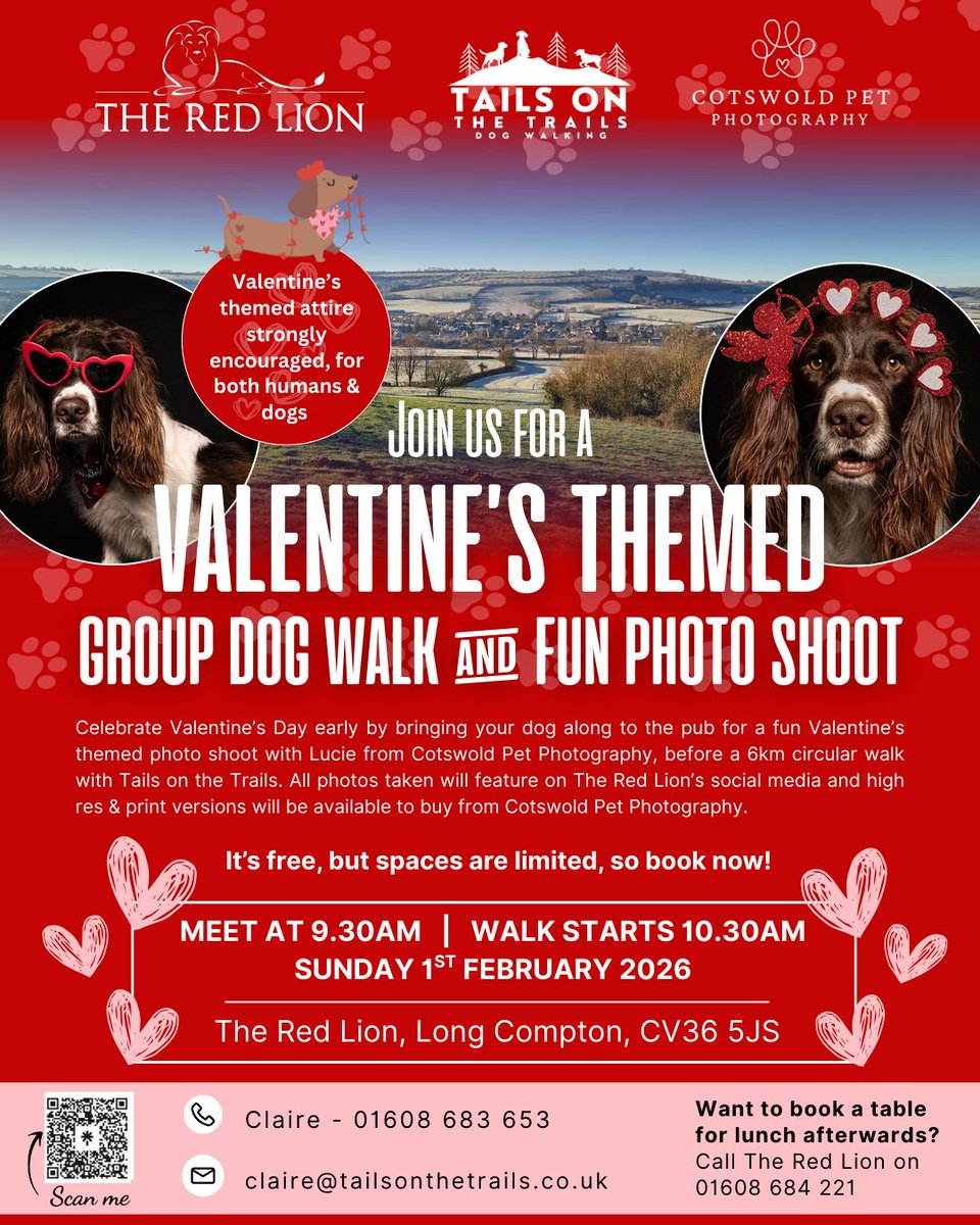 RedLionLongComp's tweet image. 🐾CALLING ALL COTSWOLD DOG OWNERS🐾

Join us and our friends, Cotswold Pet Photography and Tails on the Trails Dog Walking, for a fun, Valentine's themed event on Sunday 1st February 2026. 

It's FREE, but spots are limited, so book now:

eventbrite.co.uk/e/010226-valen…