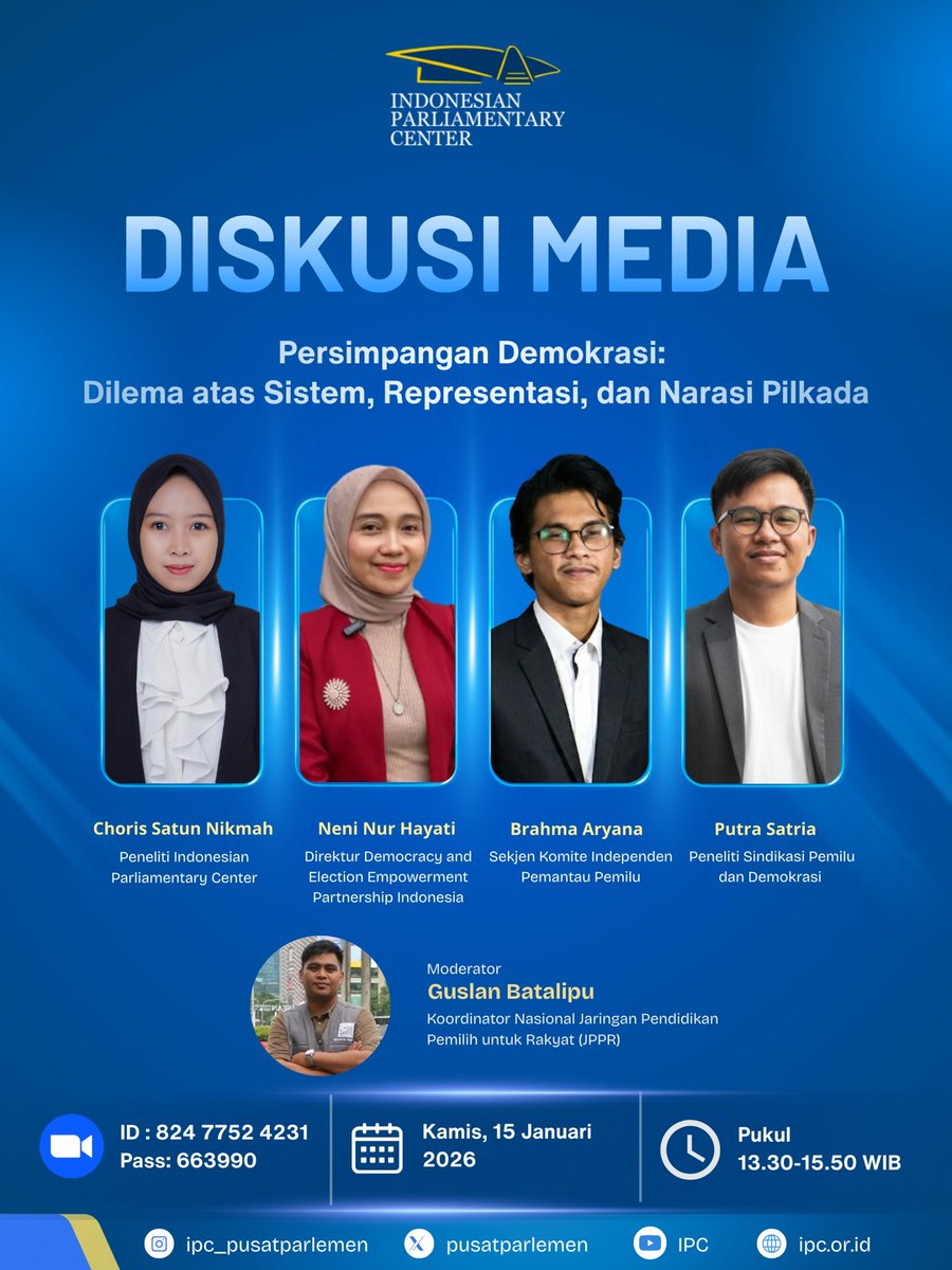 [UNDANGAN DISKUSI MEDIA]

Demokrasi di Persimpangan Jalan 🚧🤔

Sistem Pilkada dan representasi politik kita sedang jadi sorotan hangat. Banyak narasi yang simpang siur, bikin kita bertanya-tanya:

 "Sebenarnya demokrasi kita ini mau dibawa ke mana sih?"