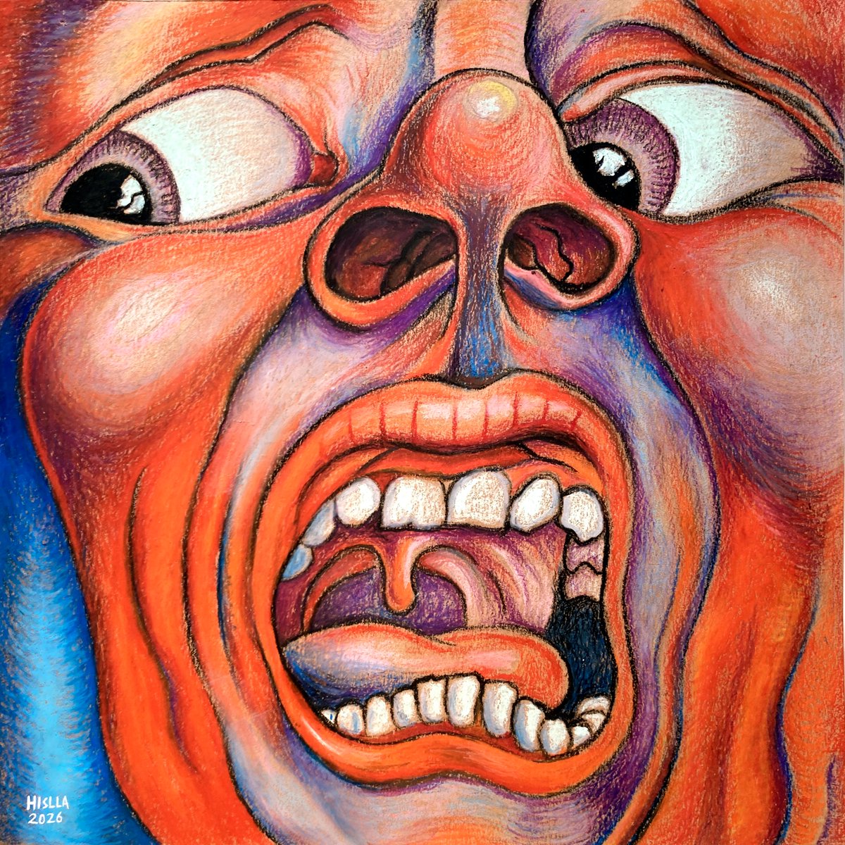 "IN THE COURT OF THE CRIMSON KING"  

Giz pastel oleoso sobre papel kraft. Mil anos que eu queria fazer uma versão da capa. Não tive coragem de mudar tanto as formas dessa capa que amo, mas obcequei nas cores, transições, textura.  

Uma boa desculpa pra ficar ouvindo em loop.