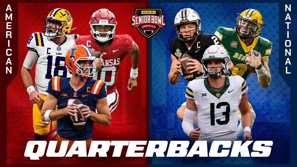 seniorbowl's tweet image. 2026 Senior Bowl Quarterbacks 🏈🔥

American Team:
• Luke Altmyer — Illinois
• Taylen Green — Arkansas
• Garrett Nussmeier — LSU

National Team:
• Diego Pavia — Vanderbilt
• Cole Payton — North Dakota State
• Sawyer Robertson — Baylor

#TheDraftStartsInMobile