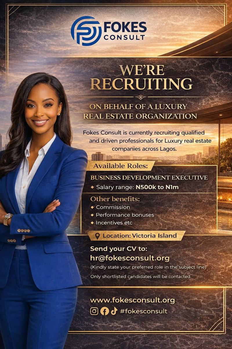 realAdeyemo's tweet image. JOB ALERT!!!

ROLE: Business Development Executive 

Location: Victoria Island, Lagos 

Remuneration: N500,000 - N1,000,000 Base salary monthly + Commissions, Performance Bonuses &amp;amp; Incentives 

To apply: Send CV to hr@fokesconsult.org using role as email subject.