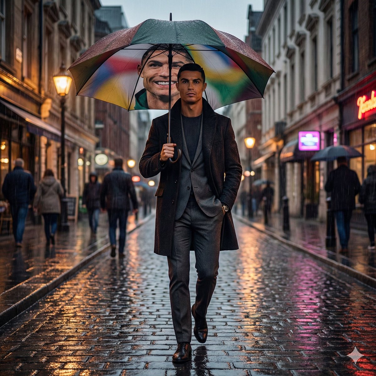 This style emphasizes a cinematic atmosphere with moody lighting and luxury fashion elements, capturing realistic details in a nighttime urban setting.