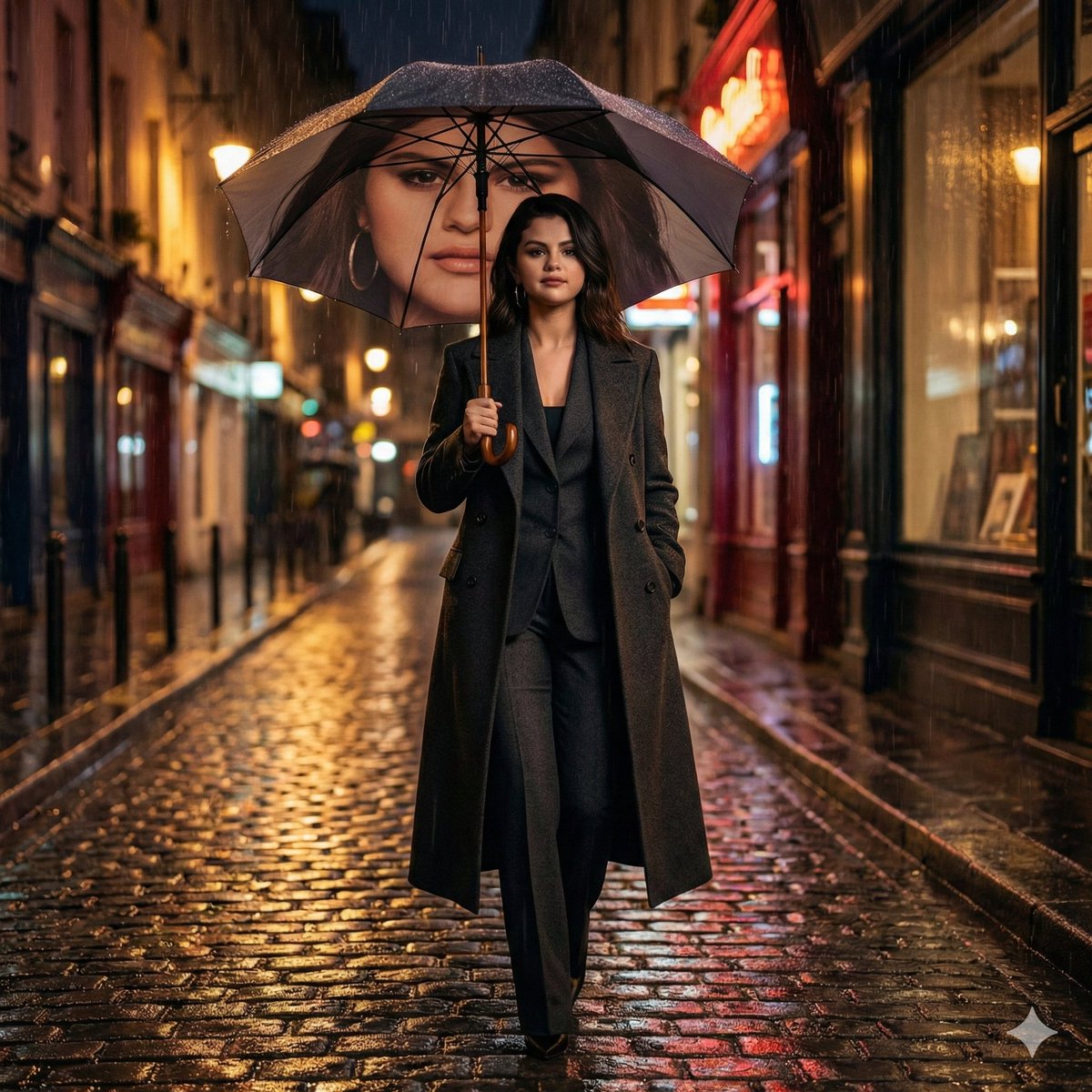 This style emphasizes a cinematic atmosphere with moody lighting and luxury fashion elements, capturing realistic details in a nighttime urban setting.