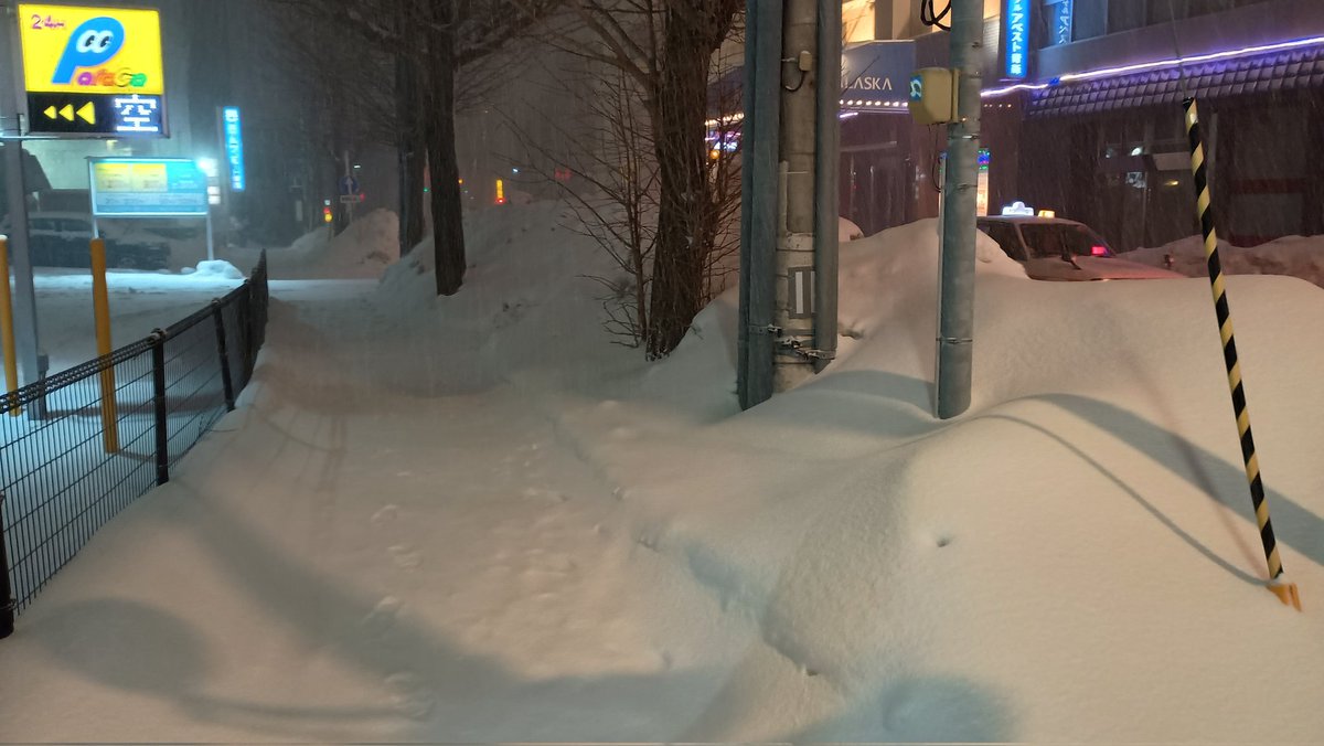 先程投稿の画像は駅周辺だから除雪が進んでたらしい 駅から200mも歩いたらこれ 歩道はまだ除雪されてるほう 山の右側が車道、クルマが見えない コインパーキングは、、どうやって入るんだ？  （山形出身なのに、すっかり東京暮らしが長引いてしまって、いろいろ驚愕😅）