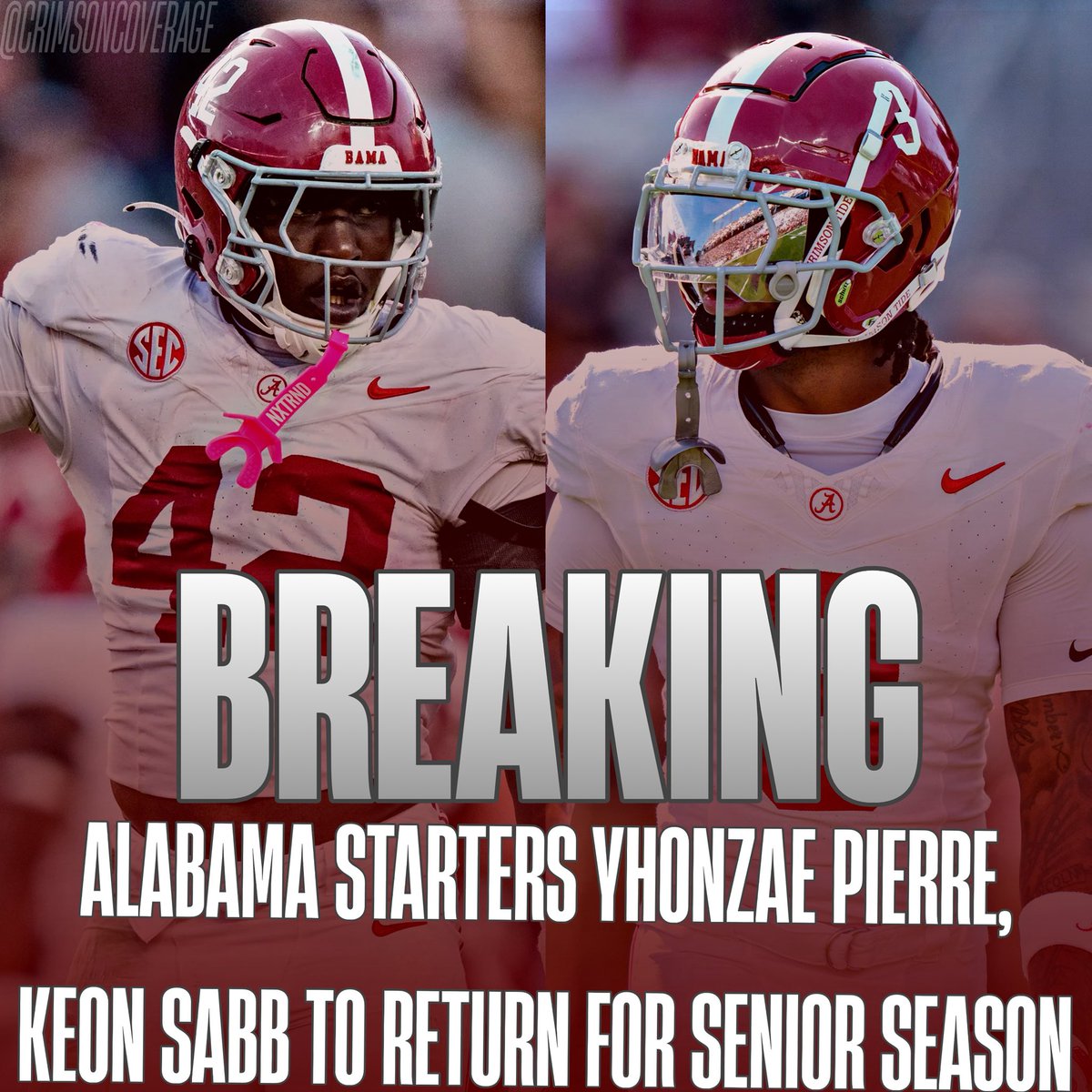 CrimsonCoverage's tweet image. BREAKING: Alabama starting linebacker Yhonzae Pierre and starting safety Keon Sabb will each return for the 2026 season, per @mzenitz.

Pierre led the Crimson Tide with 14.5 tackles for loss and eight sacks.

Sabb made 15 starts at safety during the 2025 season and was a key…