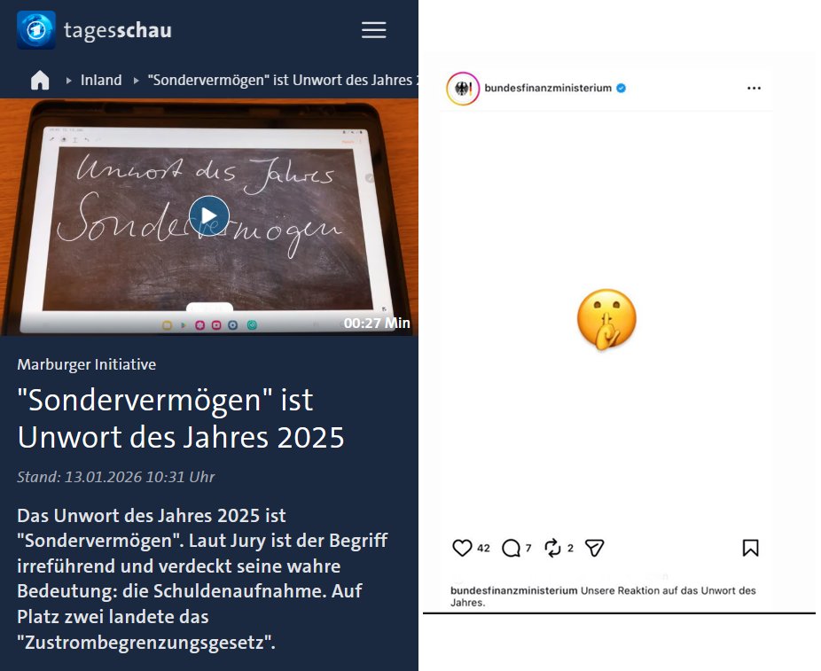 Klingbeils Ministerium reagiert auf Instagram auf das Unwort des Jahres "Sondervermögen".  #Sondervermögen #Unwort #BMF #Klingbeil  #SPD 

instagram.com/p/DTcqKH9AgSR/…