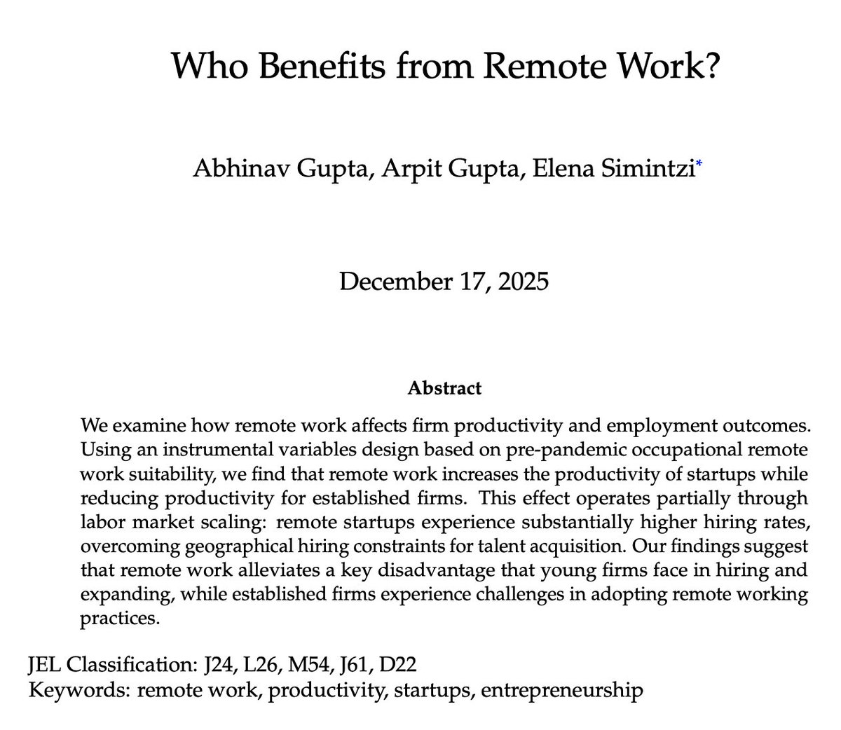 There’s a paradox around remote work. Jamie Dimon says it will kill productivity, while startups are hiring for remote roles. Who is right? 

With <a href="/Abhinav_Gupta91/">Abhinav Gupta</a> and Elena Simintzi we try to resolve this dispute

Paper: papers.ssrn.com/sol3/papers.cf…
Substack: arpitrage.substack.com/p/remote-works…