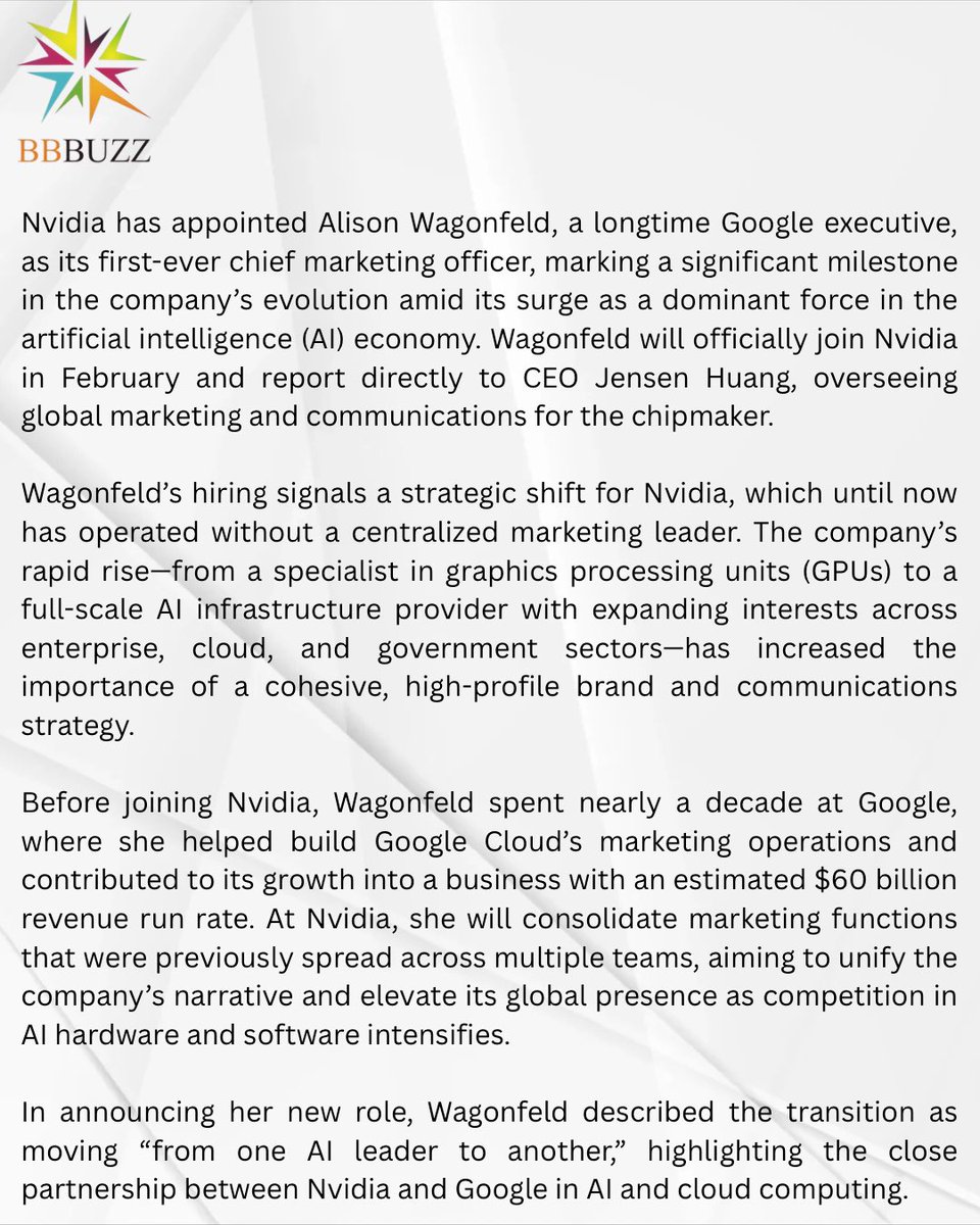thebbbuzz's tweet image. @nvidia has appointed Alison Wagonfeld, a longtime Google executive, as its first ever chief marketing officer.