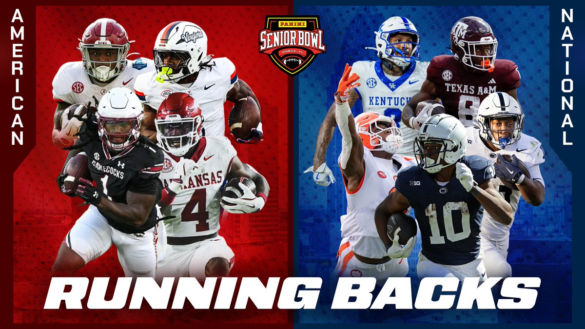 2026 Senior Bowl Running Backs 🏈🔥

American Team:
• Rahsul Faison — South Carolina
• Jam Miller — Alabama
• J’Mari Taylor — Virginia
• Mike Washington Jr. — Arkansas

National Team:
• Kaytron Allen — Penn State
• Seth McGowan — Kentucky
• Le’Veon Moss — Texas A&amp;M
• Nick