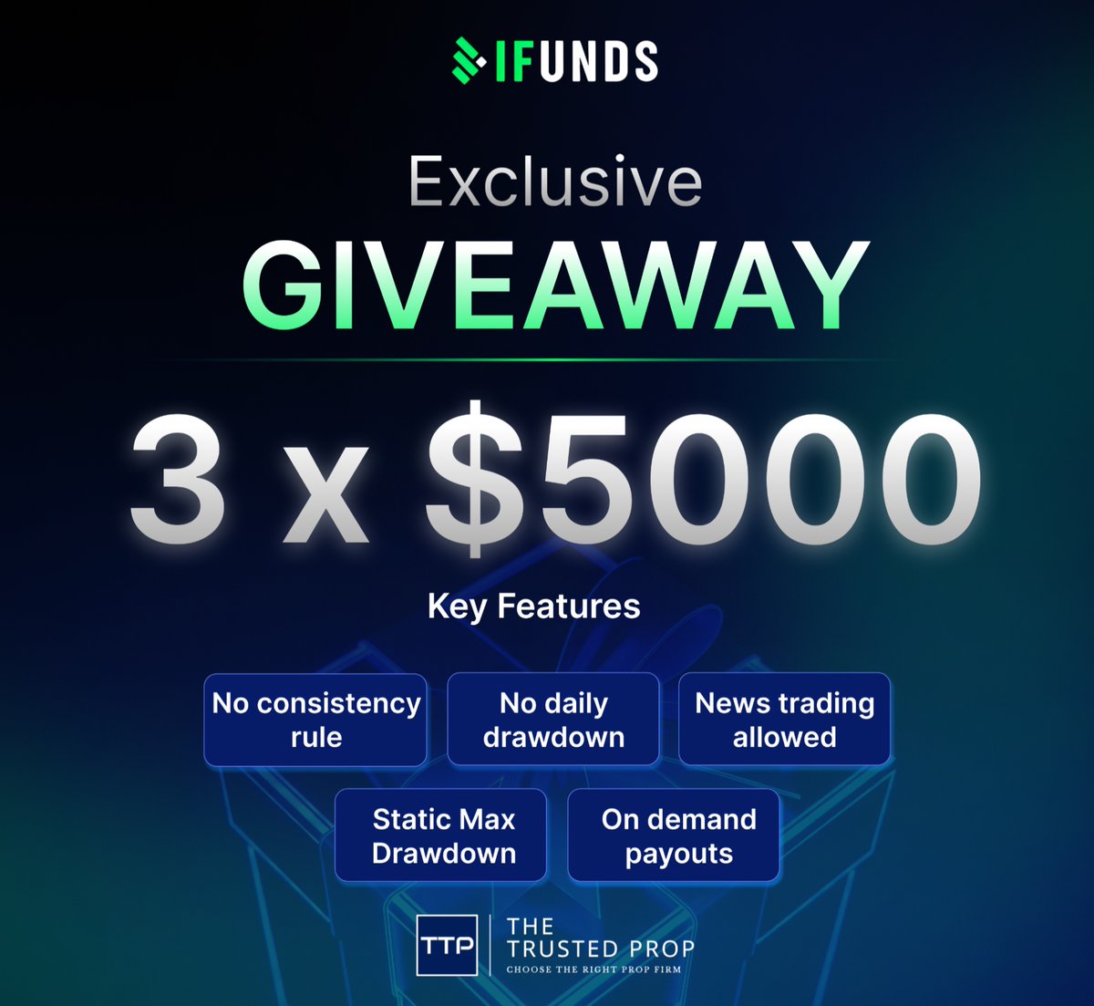 TheTrustedProp's tweet image. 🎉 $5K × 3 GIVEAWAY 🎉

Win a $5000 funded account 🚀

Rules ⬇️
• Follow @thetrustedprop &amp;amp; @ifunds_io
• Like ❤️
• Retweet 🔁
• Tag 5 friends 👥
• Join Discord 🔔

3 winners. Big chance 🔥