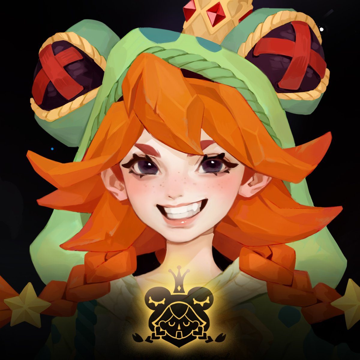 3HN4lP51od66u60's tweet image. Dream-Dabbling Frog King
Once the dolls sleep, her reign begins. With her bottle-treasury and net-scepter, she bounces on clouds to chase runaway dream-stars. Each one she catches pouts and glows in the jar, lighting up her proud, grinning face.#characterdesign