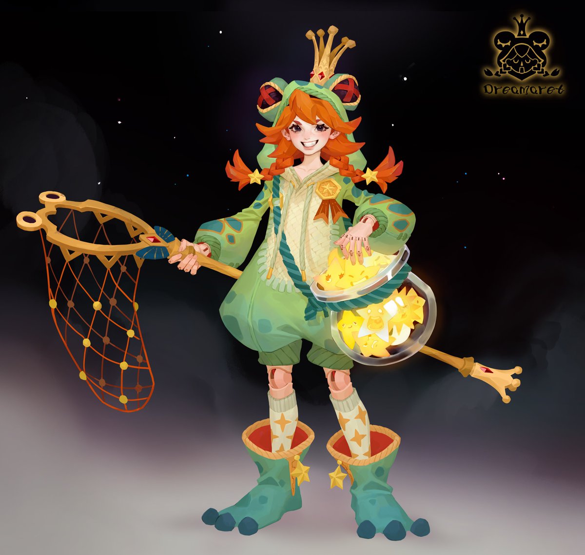 3HN4lP51od66u60's tweet image. Dream-Dabbling Frog King
Once the dolls sleep, her reign begins. With her bottle-treasury and net-scepter, she bounces on clouds to chase runaway dream-stars. Each one she catches pouts and glows in the jar, lighting up her proud, grinning face.#characterdesign